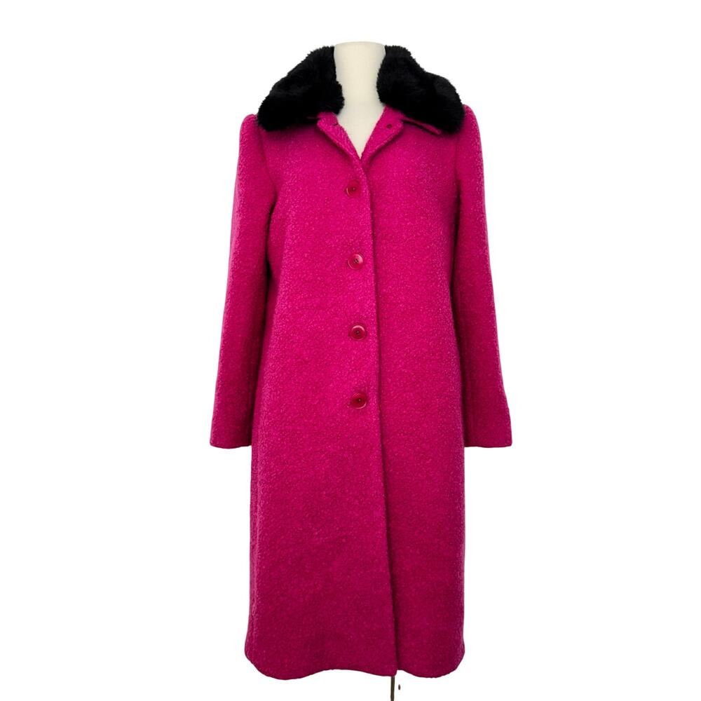 Kate Spade Bouclé Broadway Pea Coat Jacket Faux Fur Collar Festive Pink 12 NWT